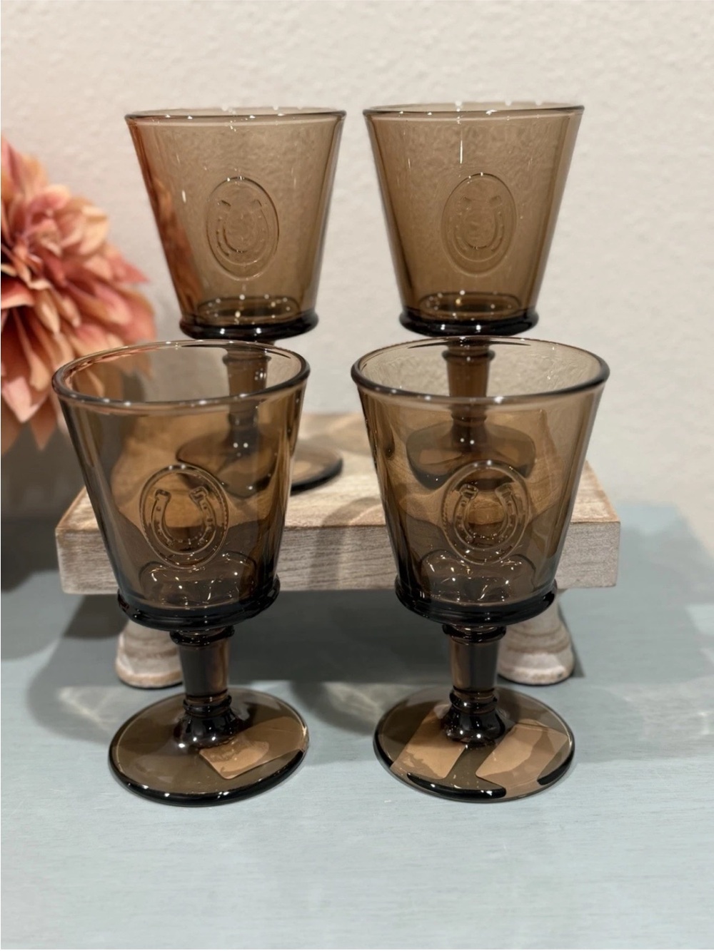 La Rochere Lucky Horse Shoe Stem Wine Moka Mocha Made In France Set Of 4 Glasses